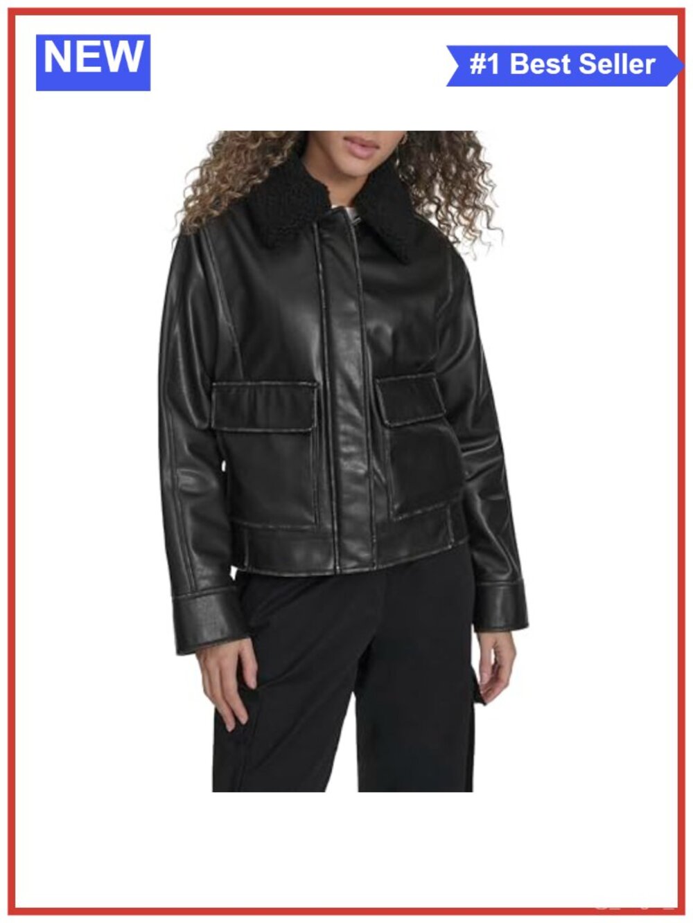 Faux Leather Aviator Jacket with Removable Sherpa Collar Relaxed Fit